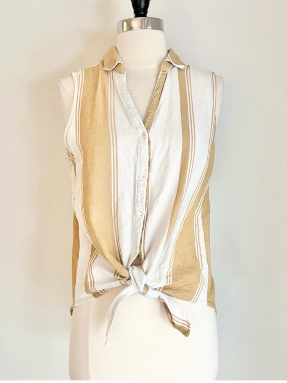 Thread & Supply Linen Yellow Ivory Stripe Sleeveless Collared Tie-Front Top, L